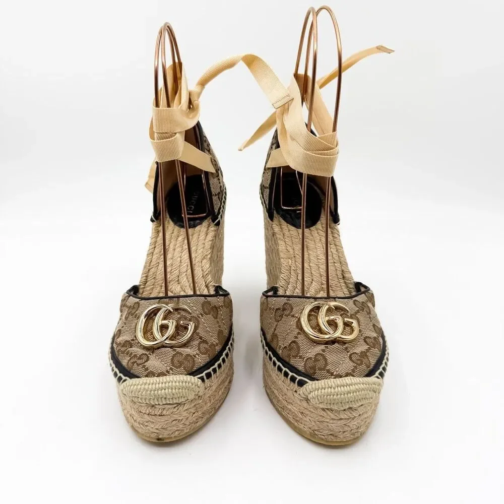 Gucci GG Espadrille Wedge Sandal EU 38 US 8 Monogram Canvas Ankle Wrap